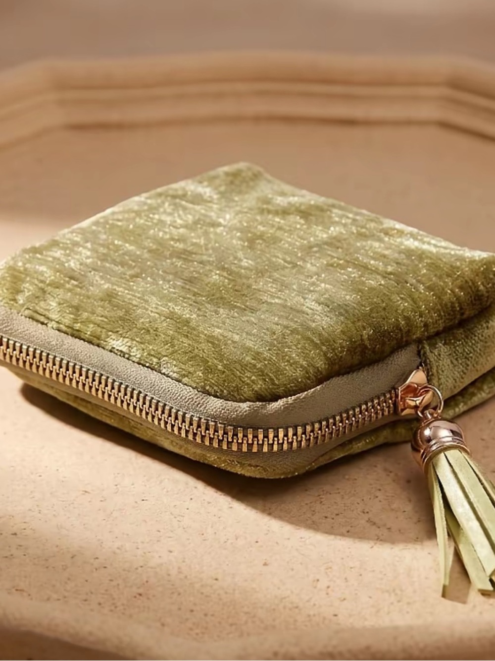 Plush Olive Green Velvet Zip Tassel Coin Pouch